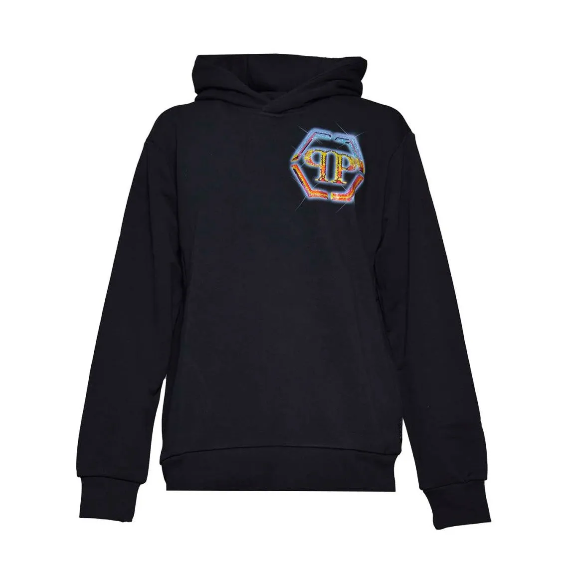 Black Cotton Hexagon Hoodie With Crystal Logo