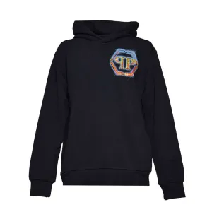 Black Cotton Hexagon Hoodie With Crystal Logo