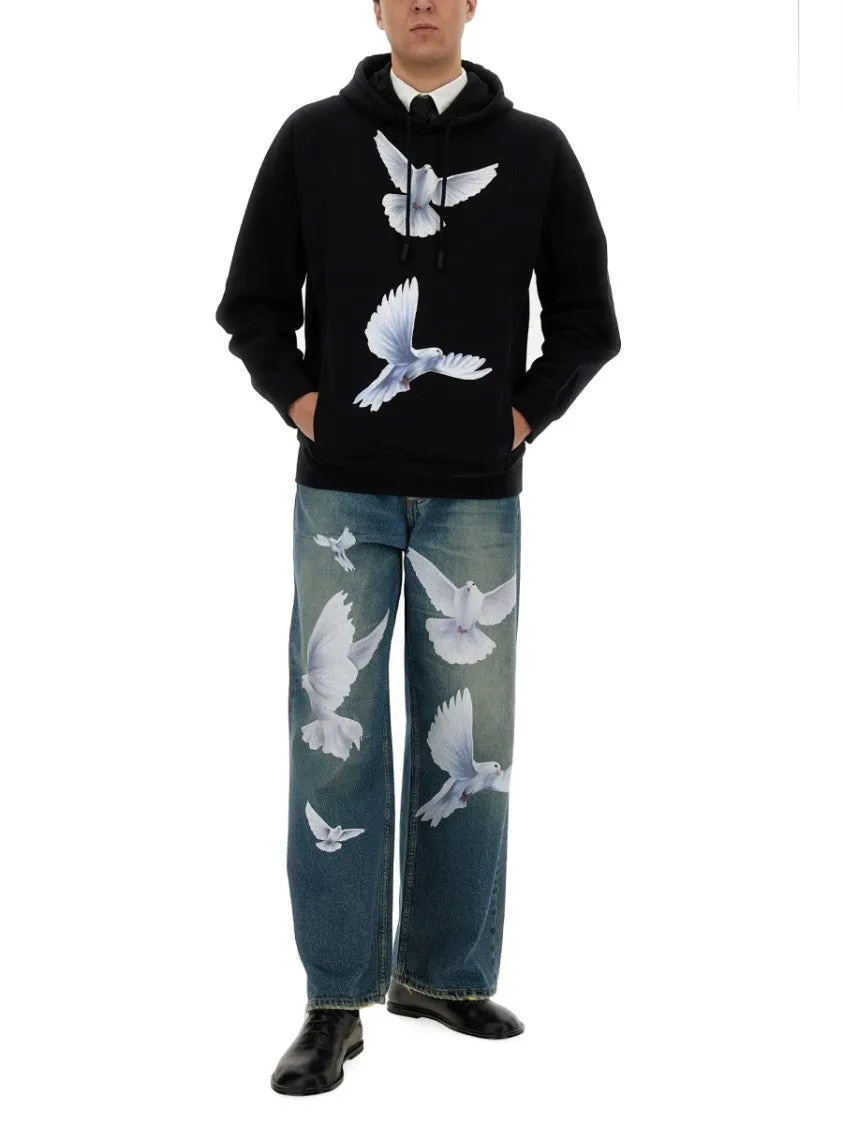 Black Hoodie With Artistic Dove Prints