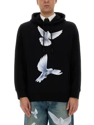 Black Hoodie With Artistic Dove Prints