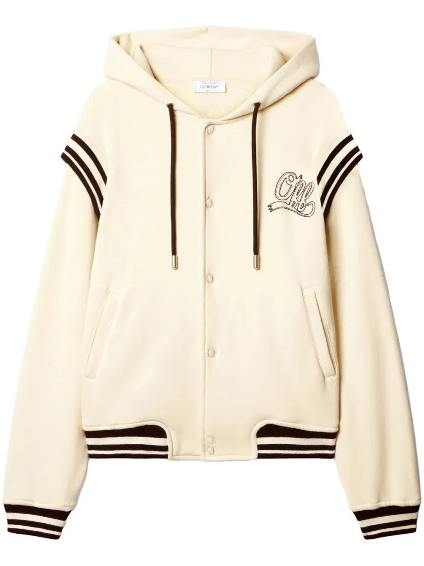 Cream White Cotton Hoodie With Logo Print