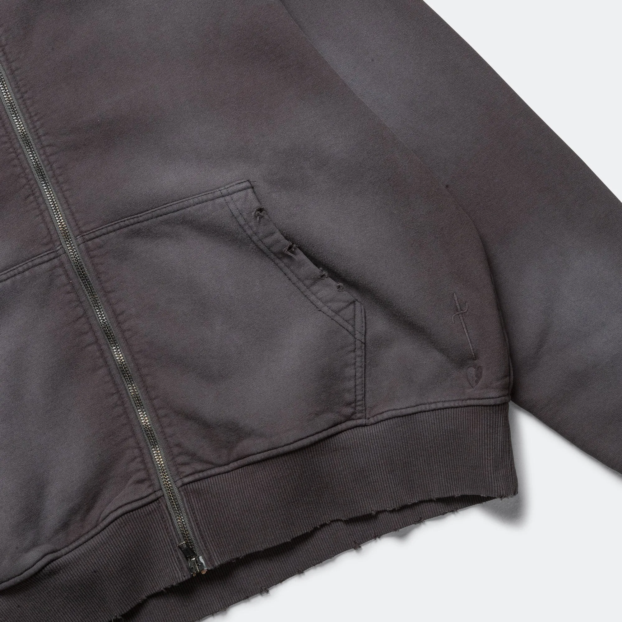 Distressed Zip Hood - Washed Black