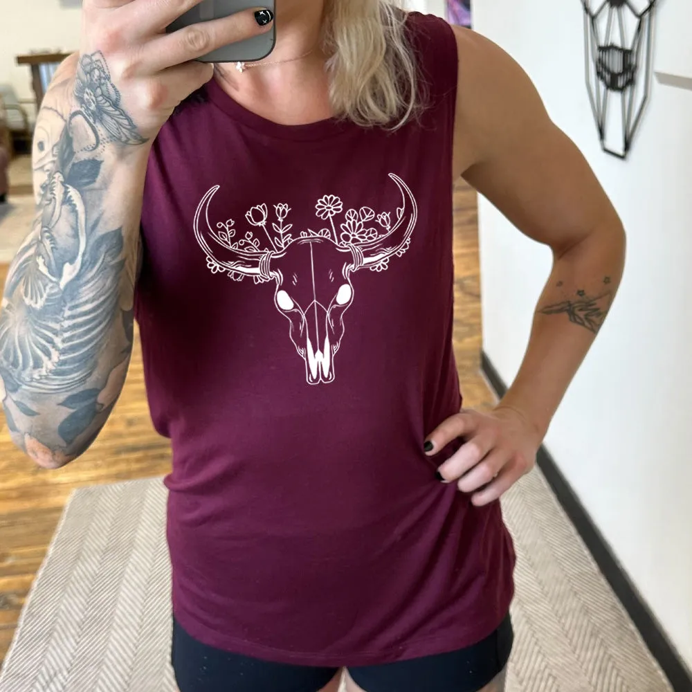 Floral Cow Skull Muscle Tank