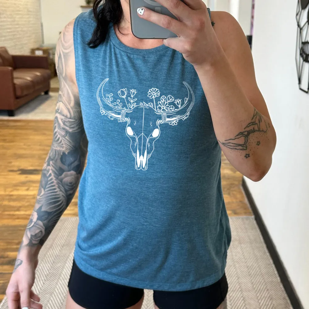 Floral Cow Skull Muscle Tank