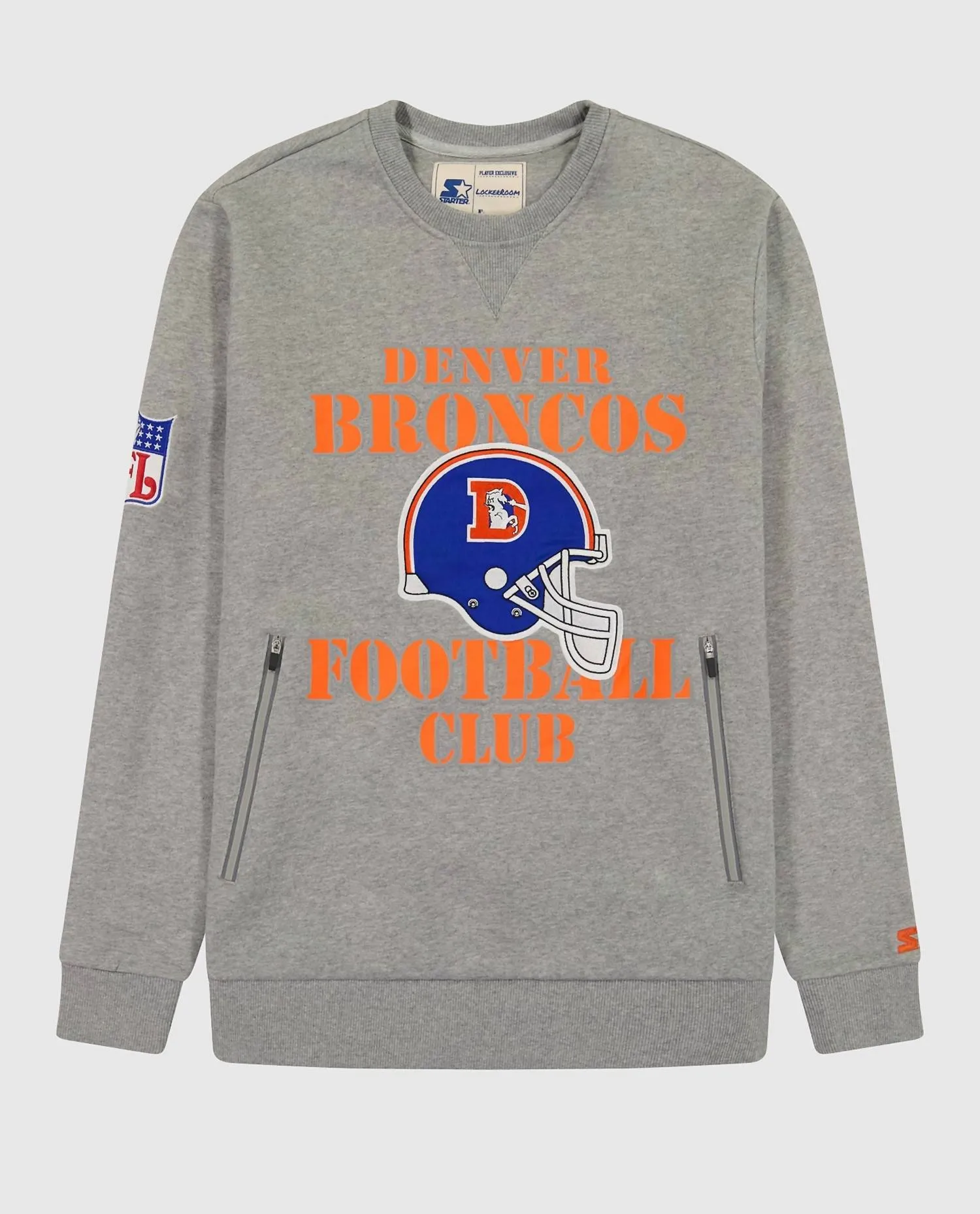 Men's Denver Broncos Crew Neck Sweatshirt With Zip Pockets In Heather Grey