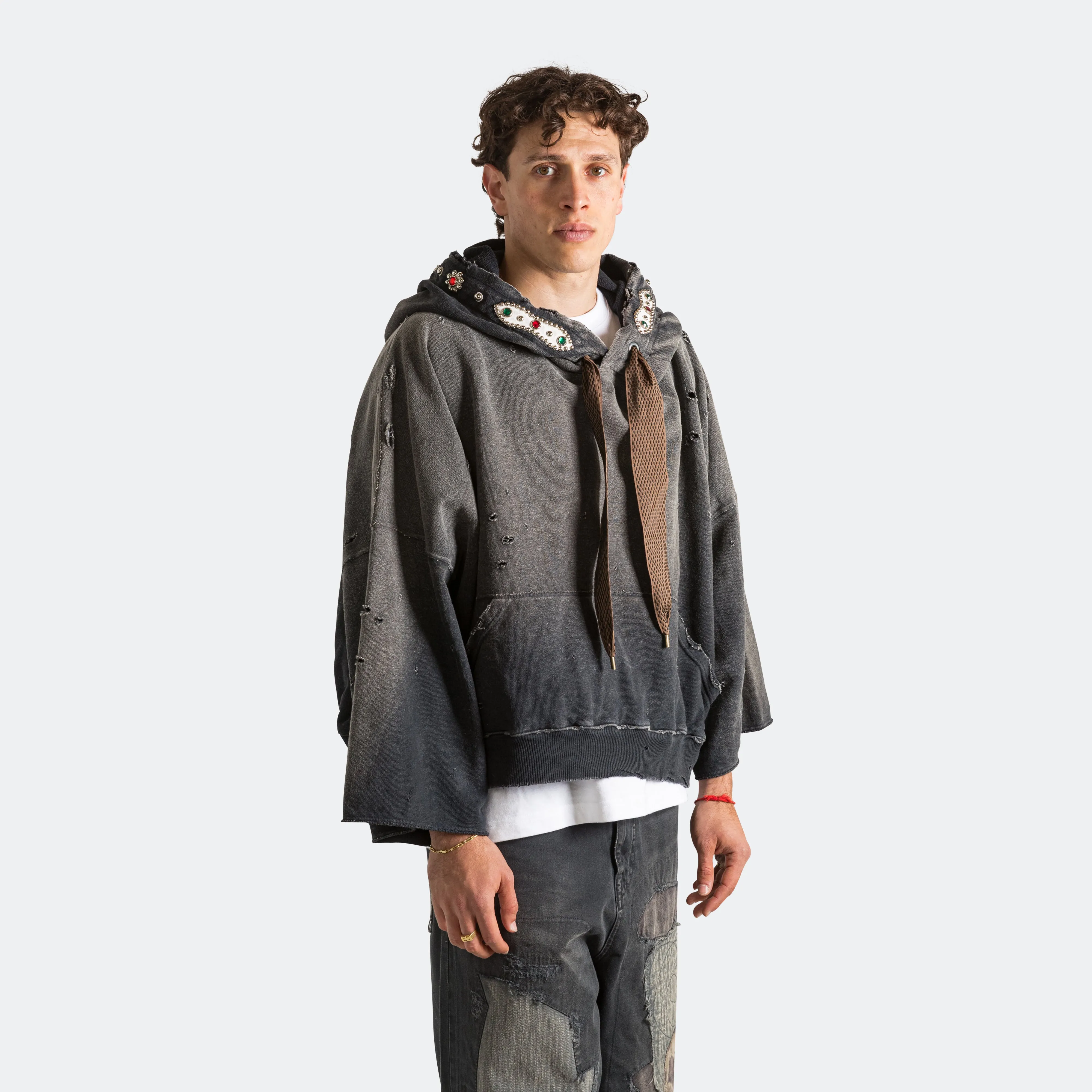 SWT Knit THRILLER Damaged DEVIL Hoodie (STUDS) - Black